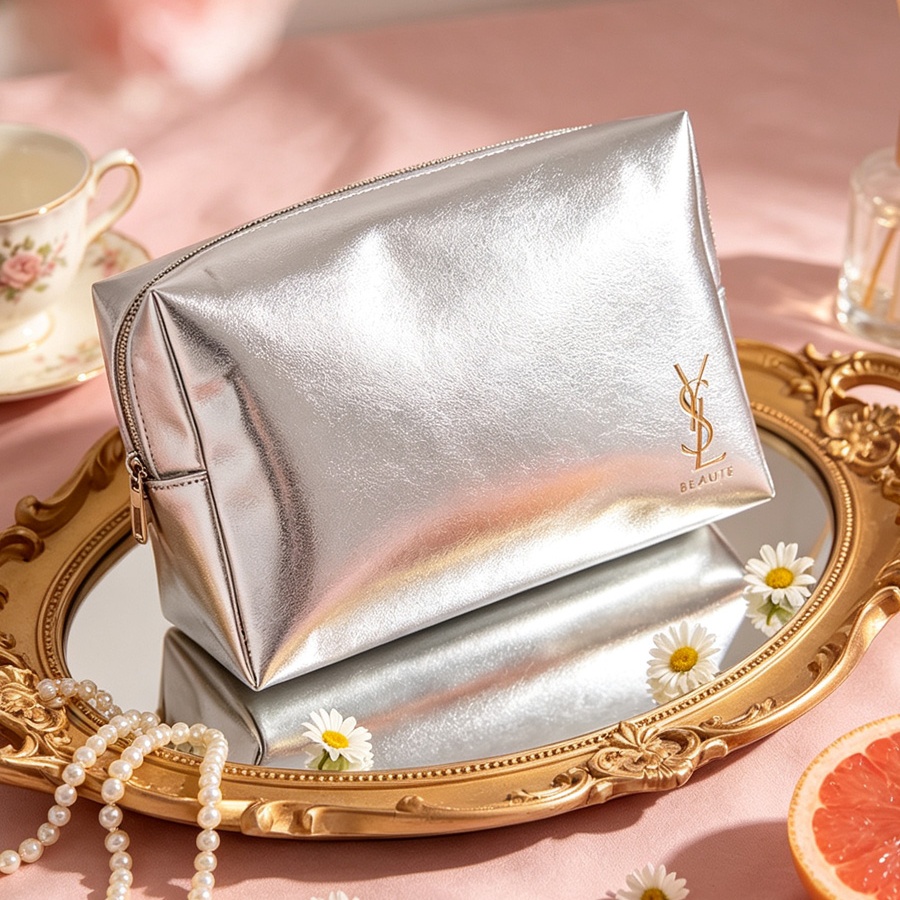 Ysl Beauty Makeup Bag - Pochette cosmétique argentée, trousse de maquillage